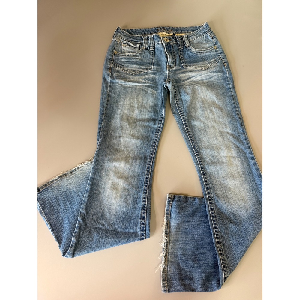 Piana Vintage Blue Flare Jeans Low Rise Distressed Frayed Hem BINP2746XR Size 5